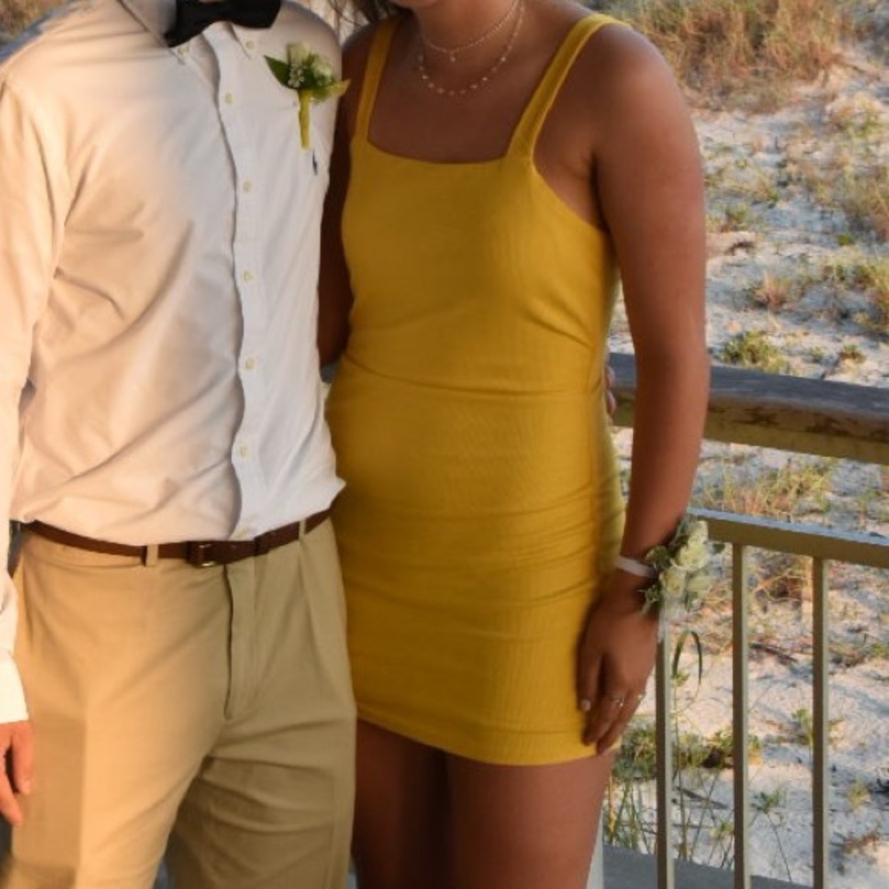 Yellow Ribbed Mini Dress with Tie Back